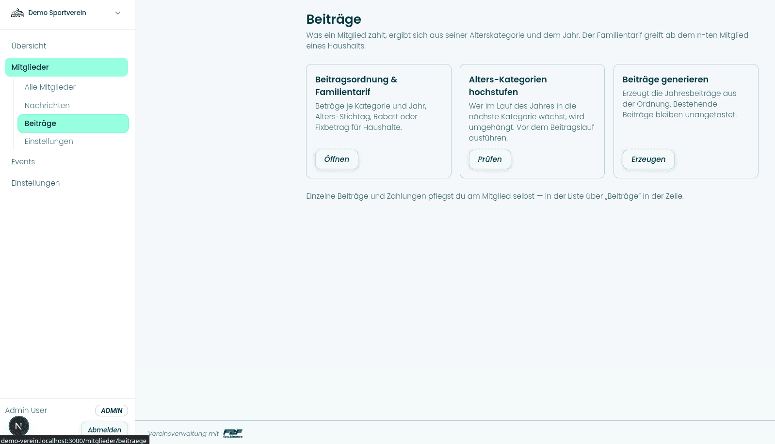 Beitragsbereich der VereinsApp mit Beitragsordnung, Familientarif und dem Erzeugen der Jahresbeiträge