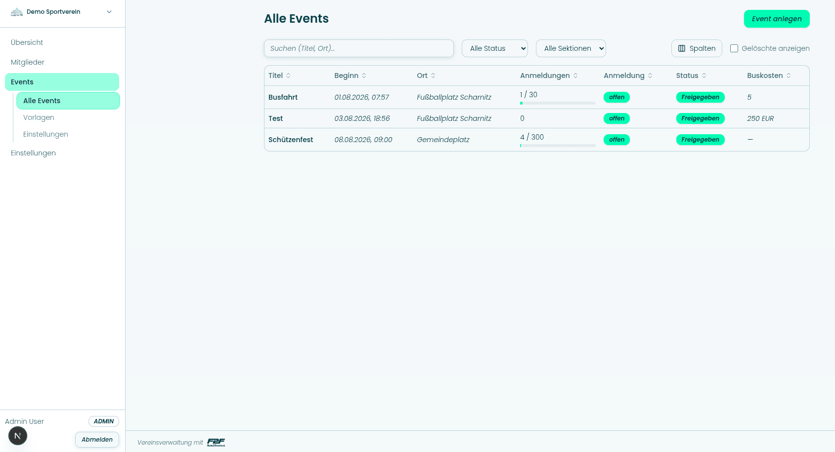 Eventliste der VereinsApp mit Anmeldezahlen, Anmeldestatus und Freigabe je Veranstaltung