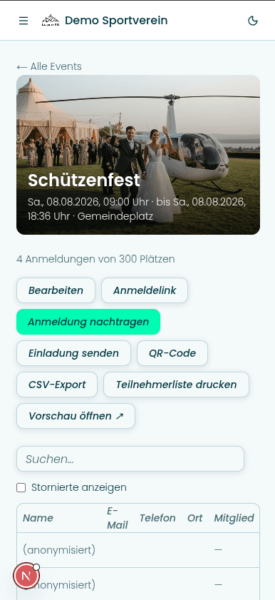 Die VereinsApp am Telefon: die öffentliche Eventseite mit Anmeldeliste und Aktionen