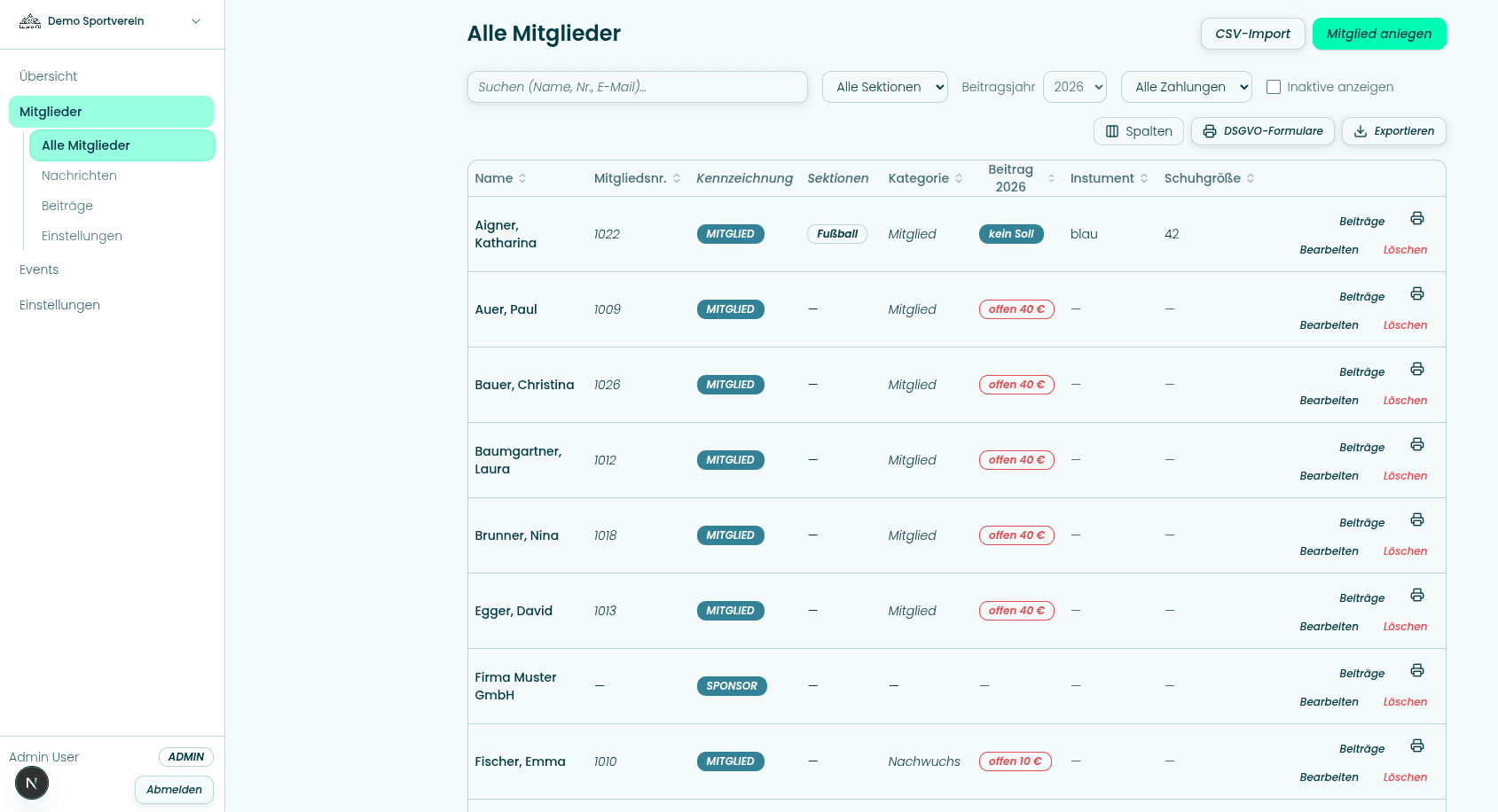 Mitgliederliste der VereinsApp mit Filtern nach Sektion, Kategorie und Beitragsstatus