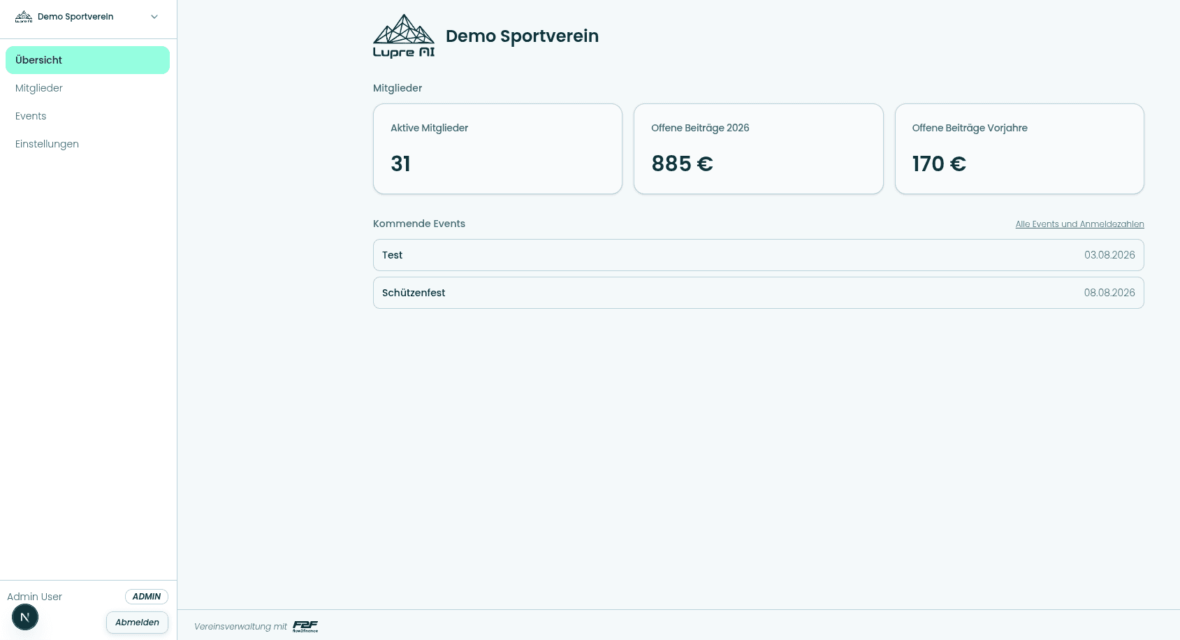 Übersicht der VereinsApp mit aktiven Mitgliedern, offenen Beiträgen und den nächsten Veranstaltungen